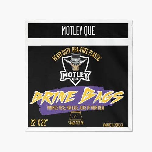 Motley Que brine bags heavy duty BPA-free plastic packaging, 22x22 inches, 5 bags pack.