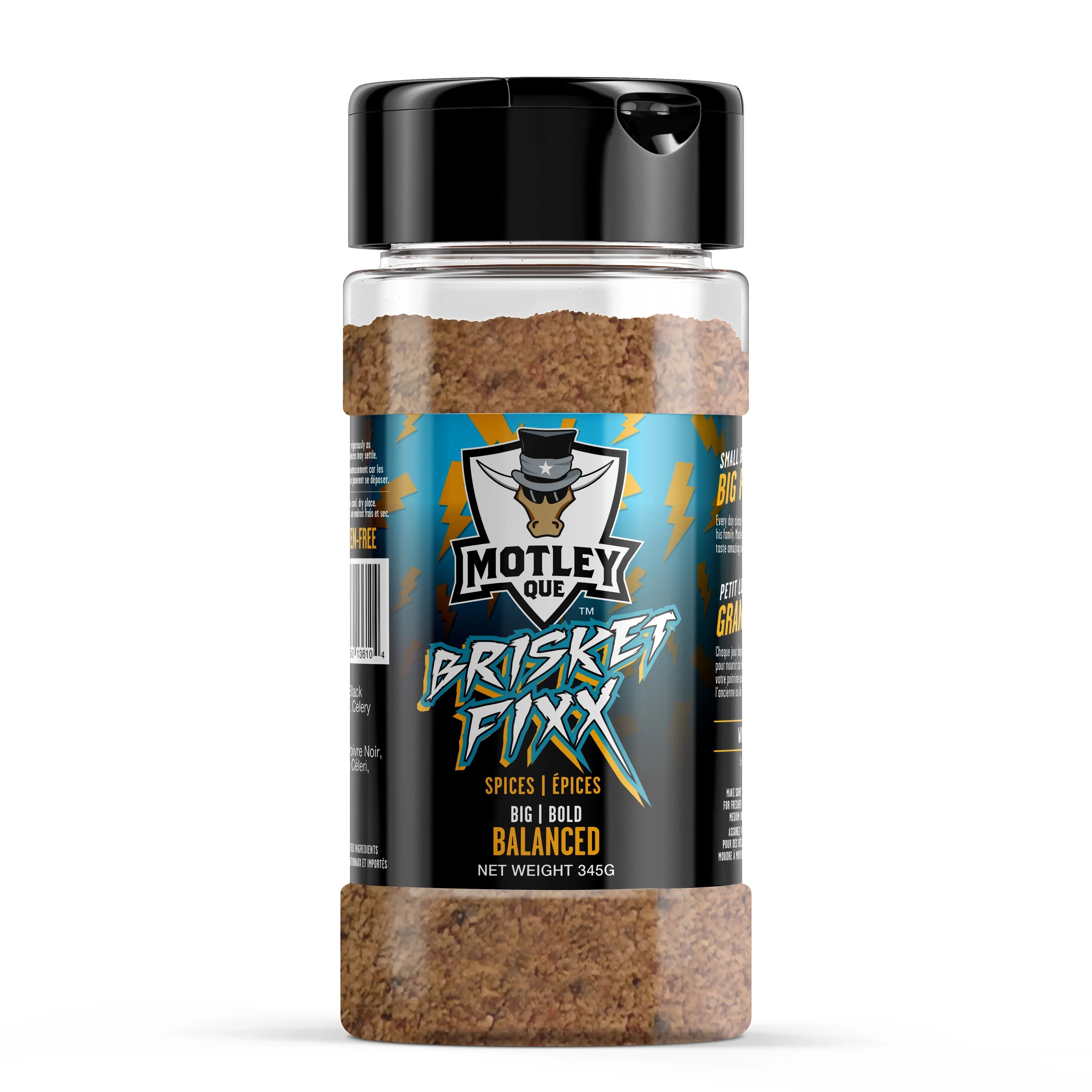 Motley Que Brisket Fixx spices jar with bold blue and black label, 345g bottle