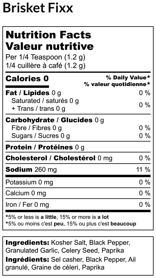 Brisket Fixx nutrition facts and ingredients label, listing kosher salt, black pepper, garlic, celery seed, paprika.