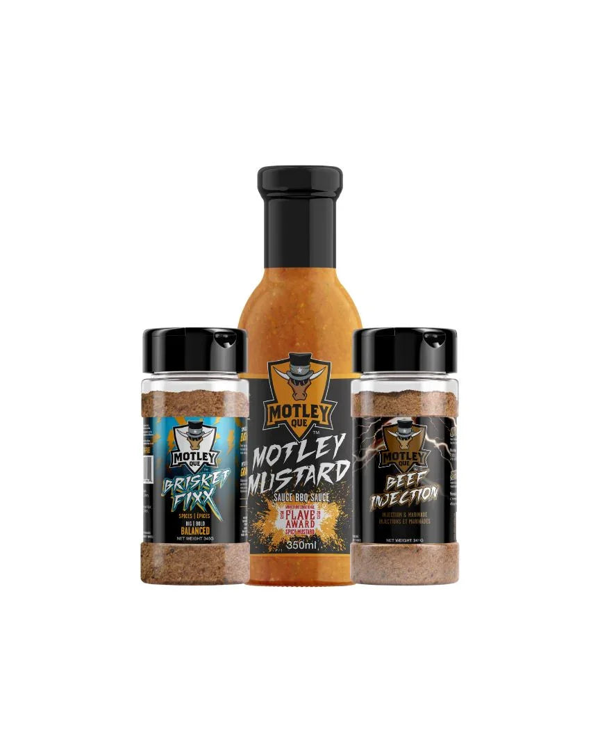 Motley Que brisket seasoning set with BBQ sauce, brisket rub, and beef injection on white background