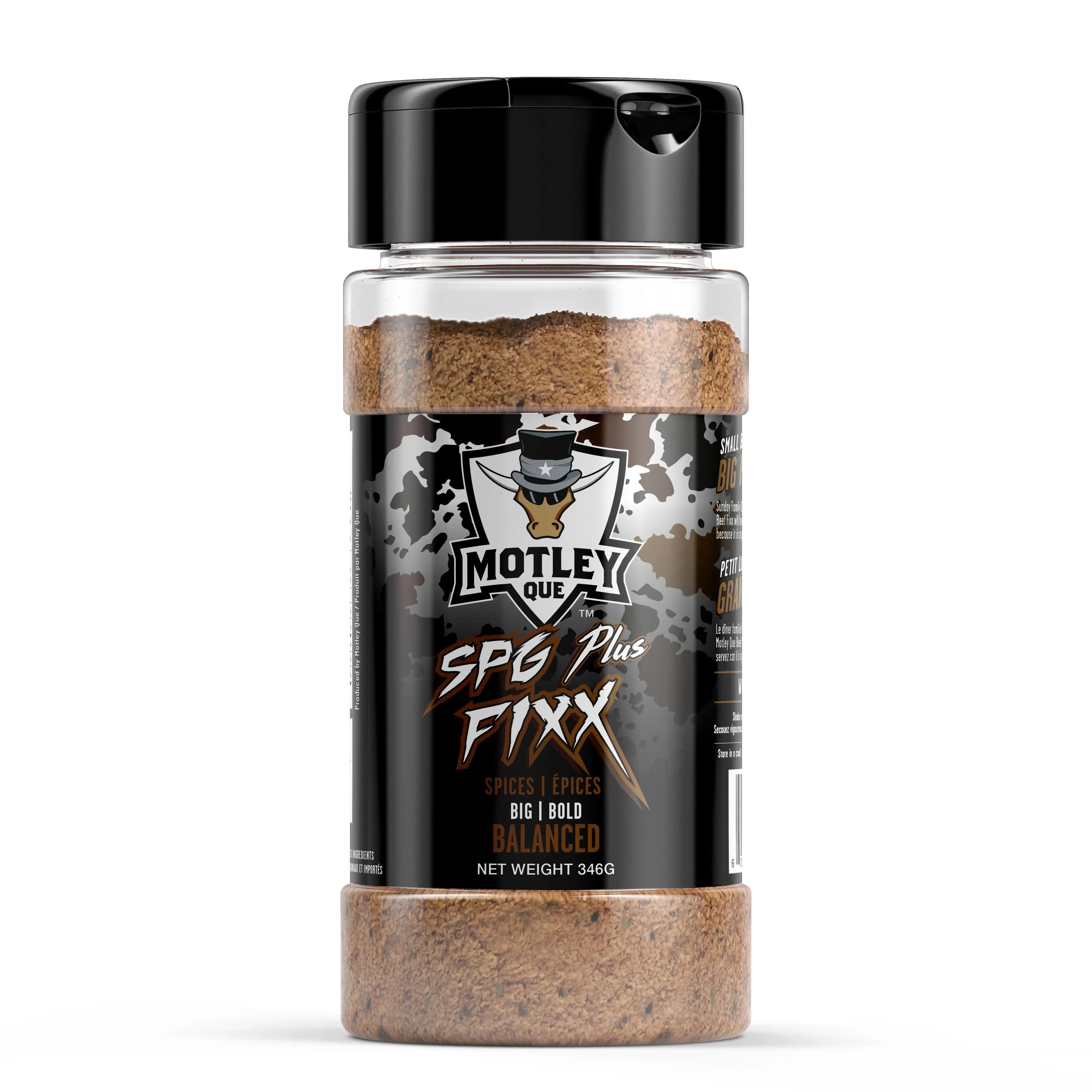 Motley Que SPG Plus Fixx spice seasoning bottle with black label on white background