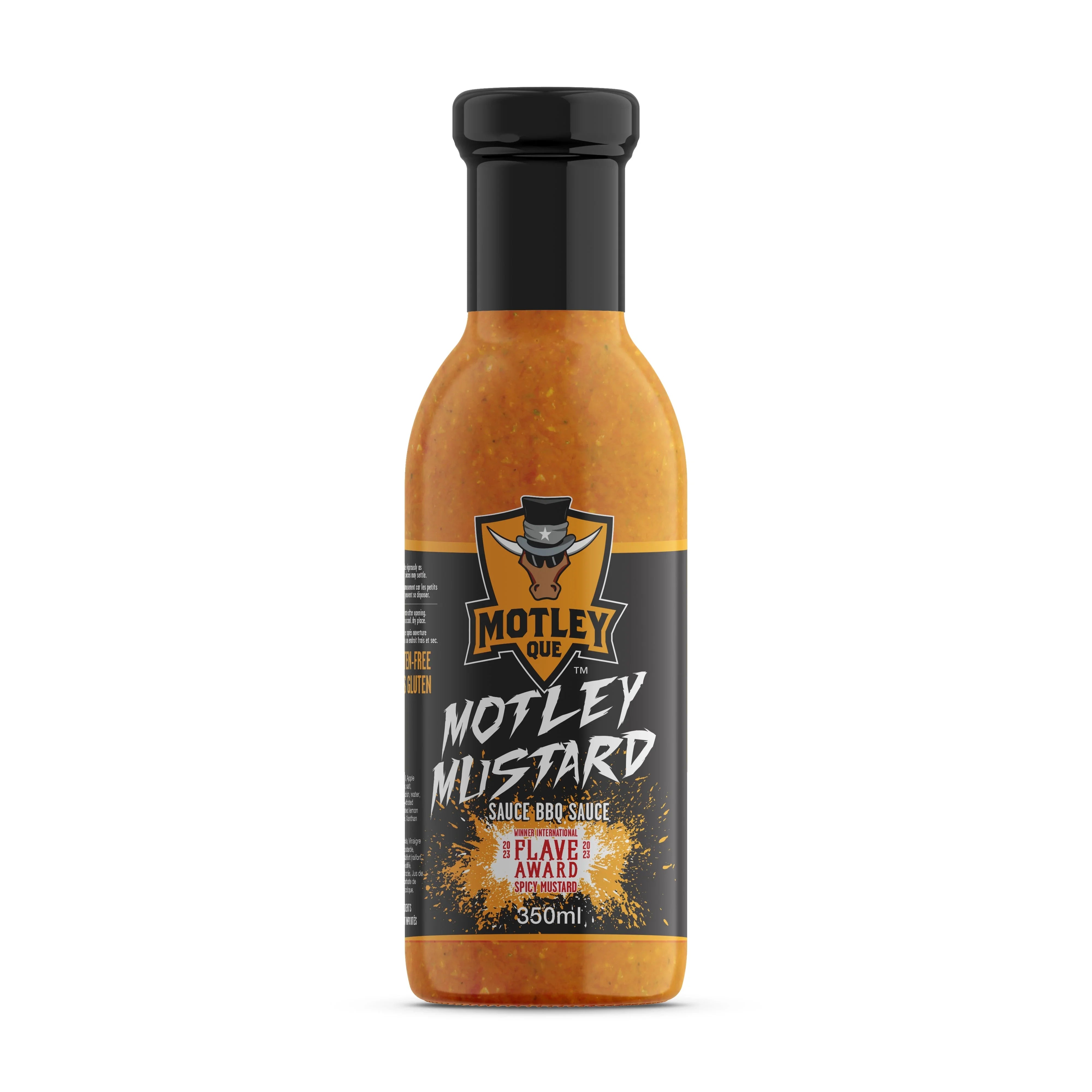 Motley Que Motley Mustard grilling oil BBQ sauce bottle, 350ml, on white background