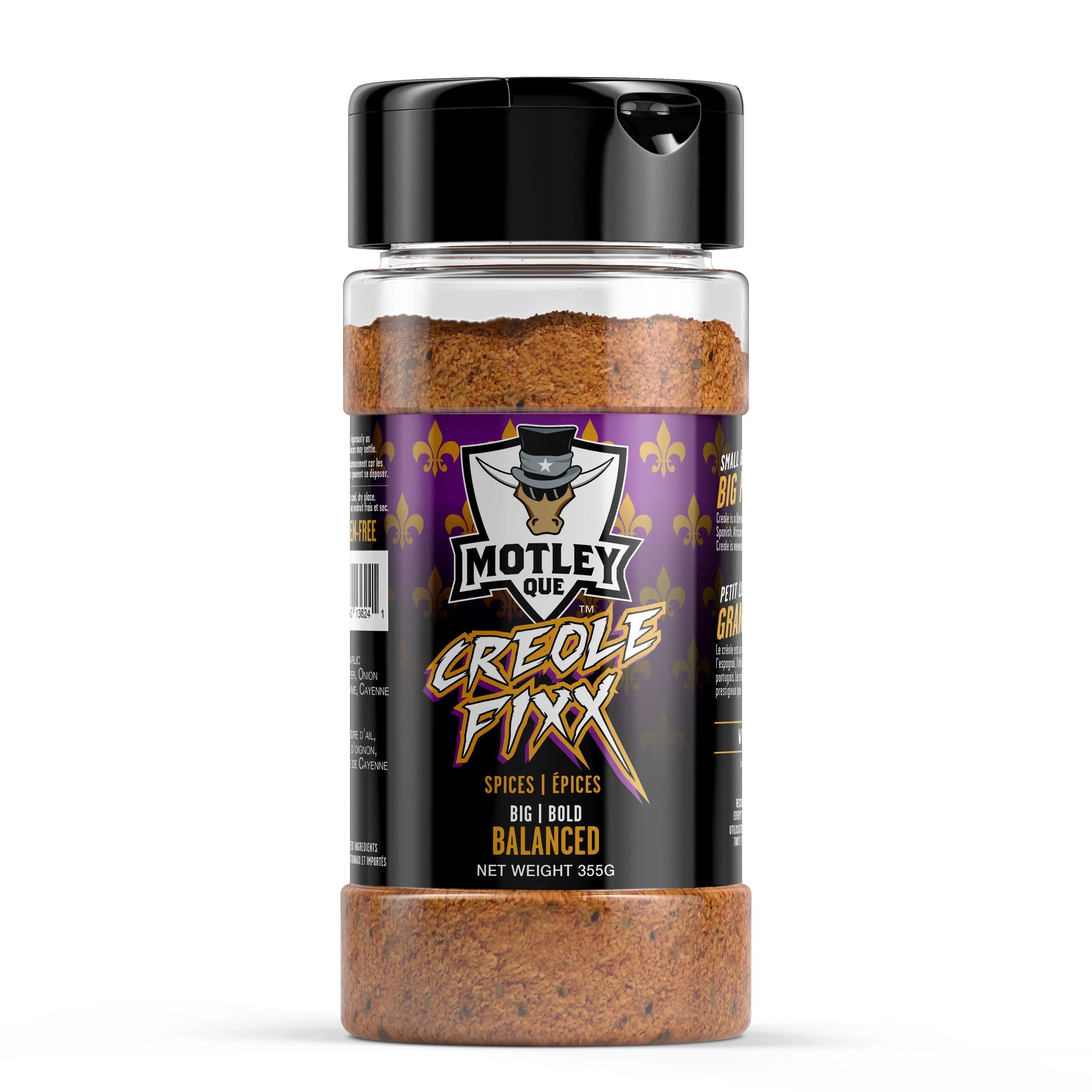 Motley Que Creole Fixx spice jar 355g with bold label and fleur-de-lis design