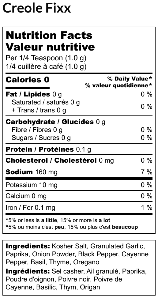 Creole Fixx seasoning nutrition label with ingredient list and nutritional facts in English and French