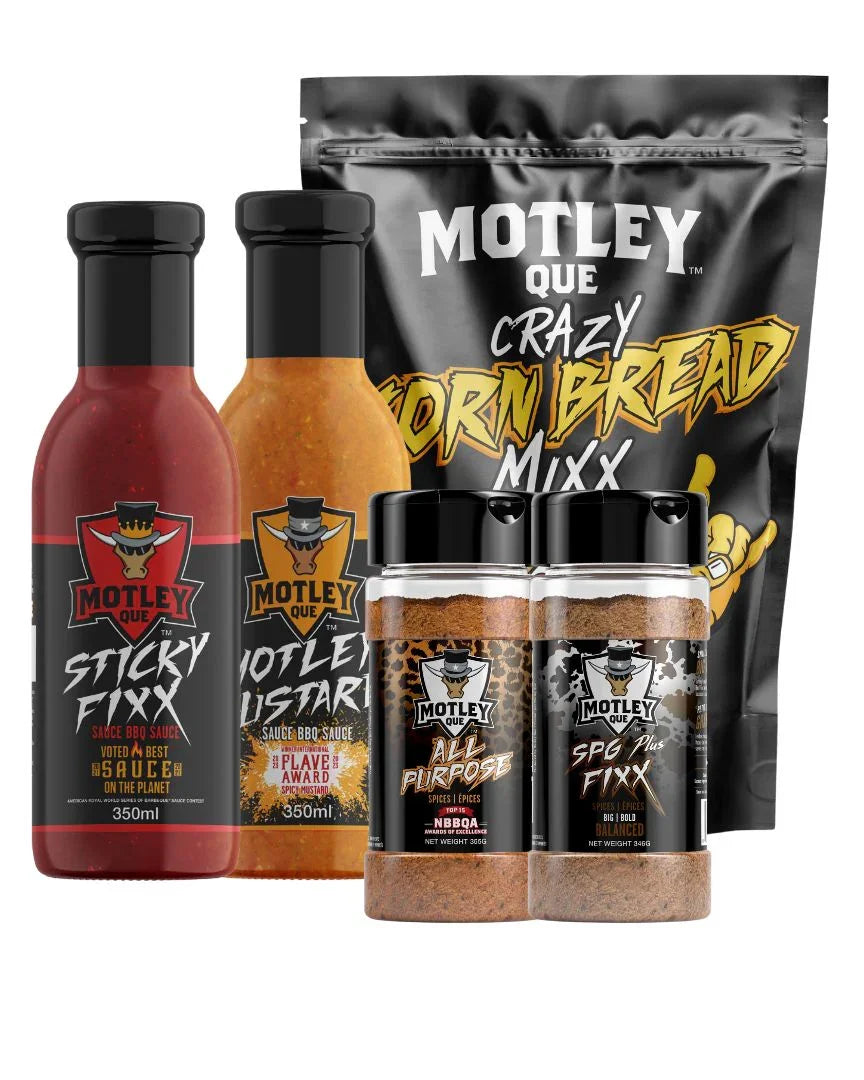 Motley Que BBQ sauce set with Sticky Fixx, Motley Mustard, spices and Corn Bread Mixx.
