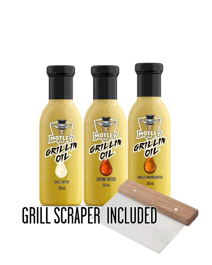 Motley Que Grillin Oil trio set with garlic, cayenne, vanilla butter and grill scraper included