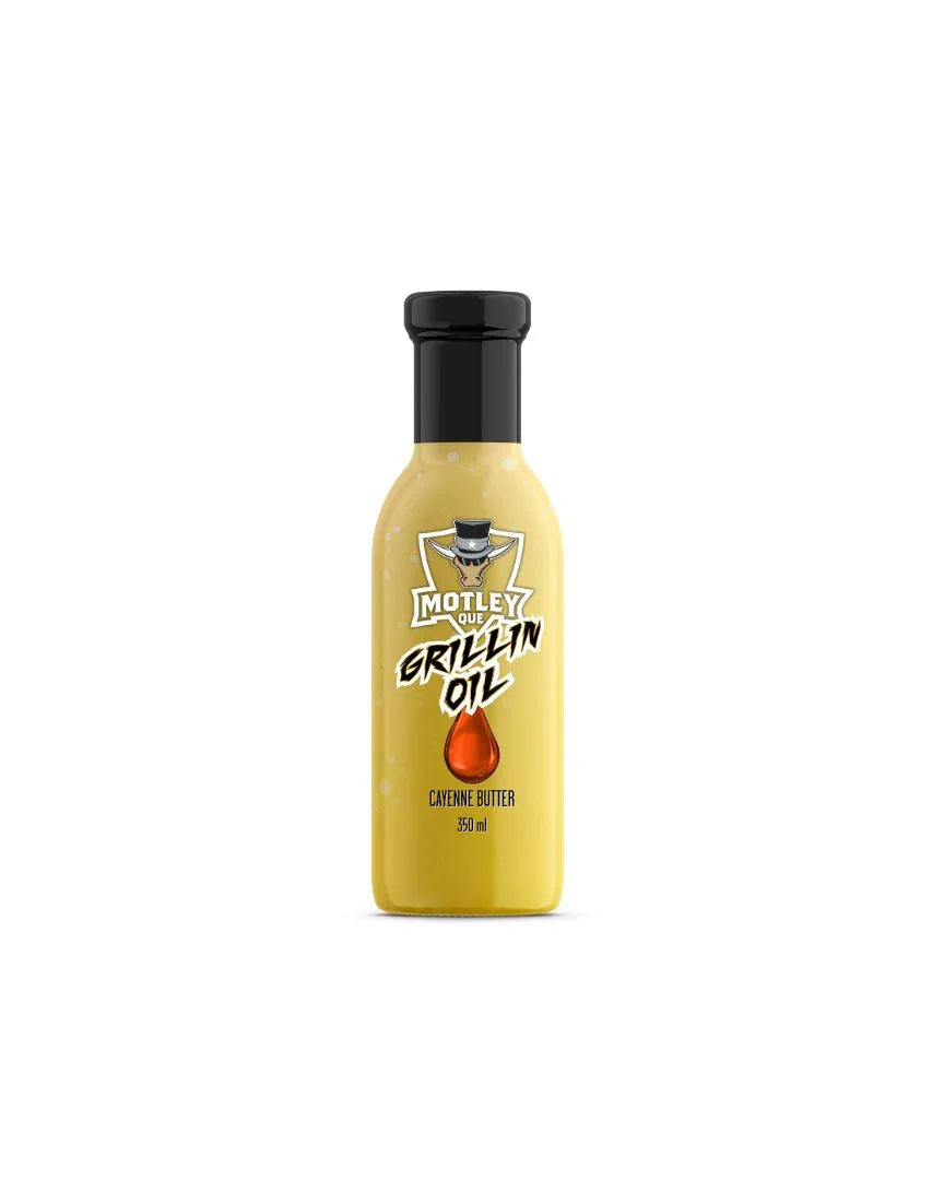 Motley Que Grillin Oil Cayenne Butter 350ml bottle on white background