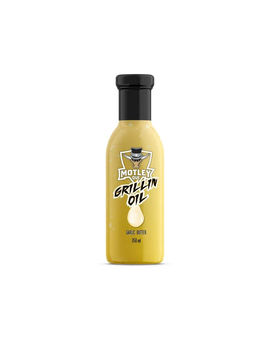 Motley Que Grillin Oil garlic butter 350ml bottle isolated on white background