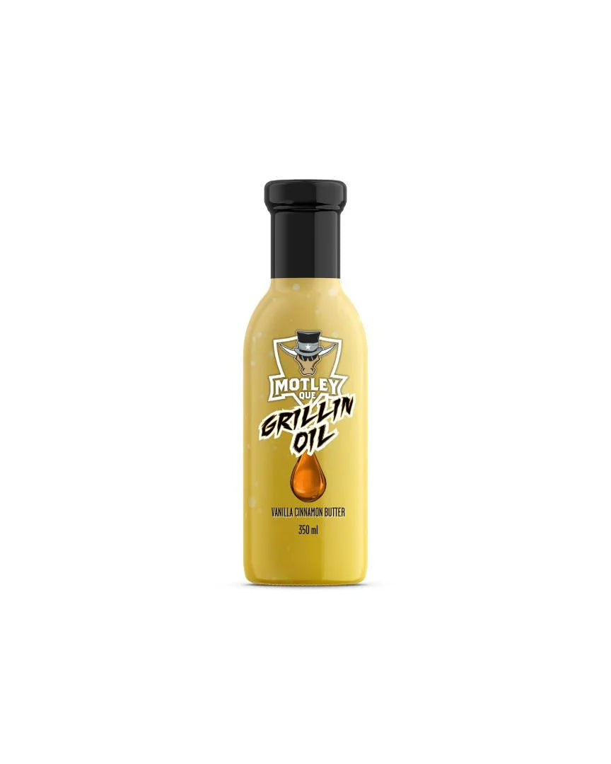 Motley Que Grillin Oil Vanilla Cinnamon Butter 350ml bottle on white background