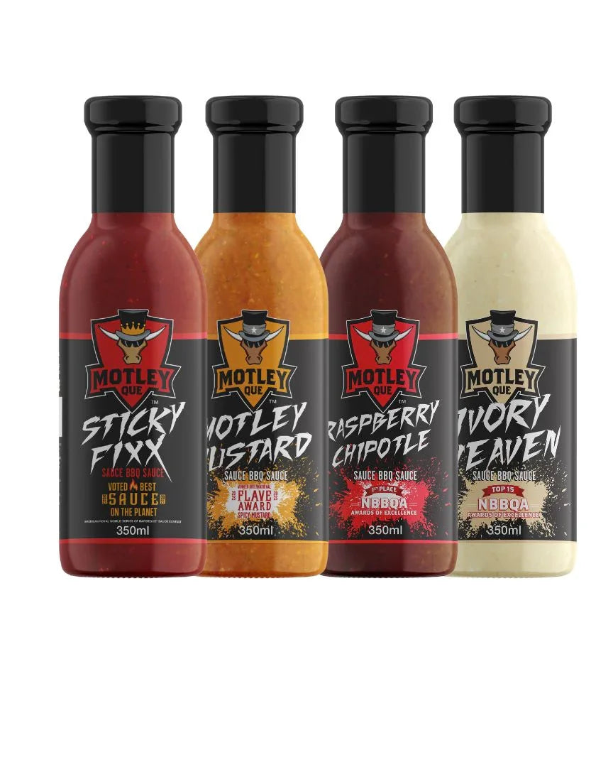 Motley Que BBQ sauce set with Sticky Fixx, Motley Mustard, Raspberry Chipotle, Ivory Heaven