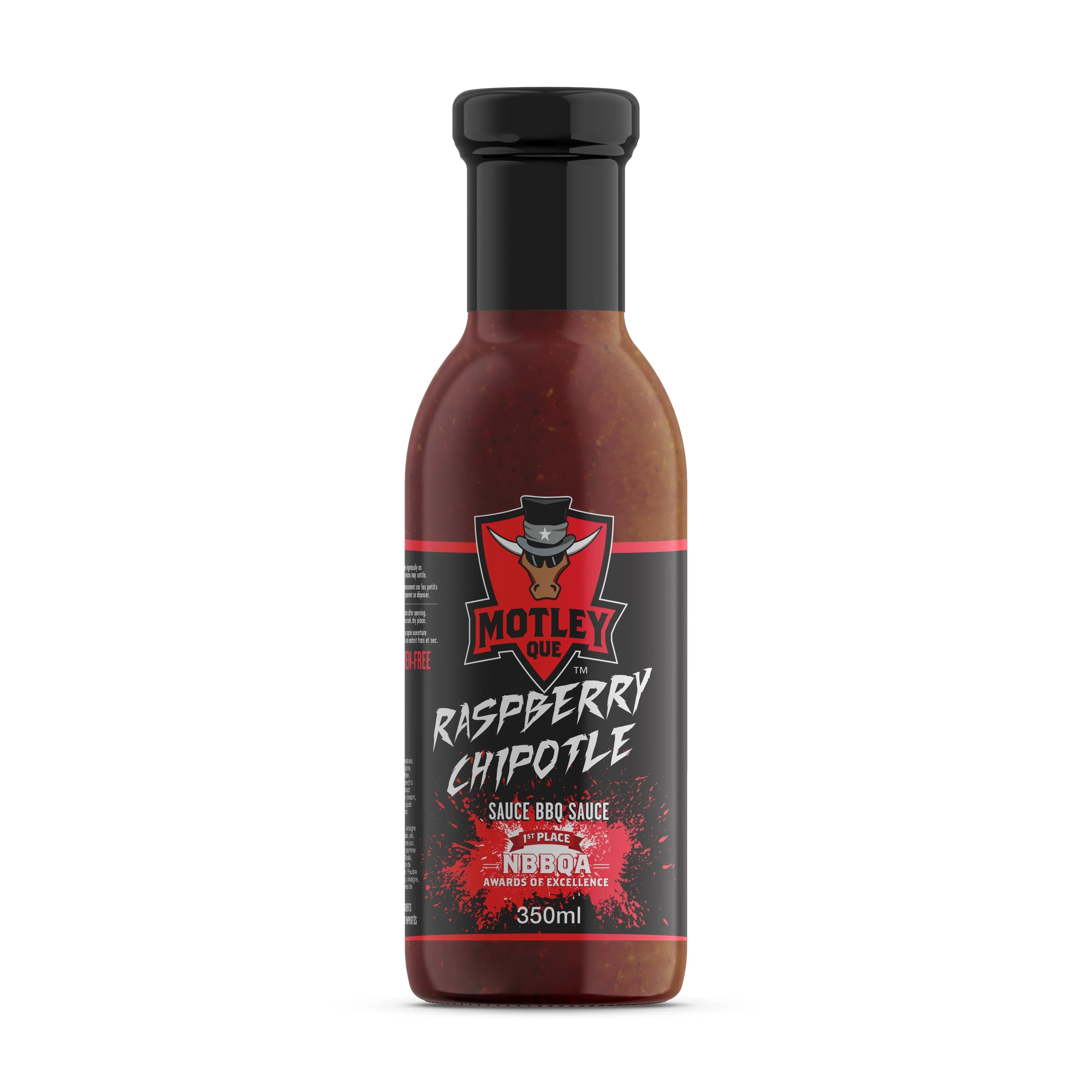 Motley Que Raspberry Chipotle BBQ sauce bottle with black and red label, 350ml