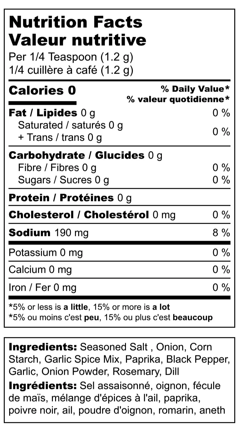 Bilingual nutrition facts and ingredient label for spice mix, showing zero calories, sodium, and seasonings.