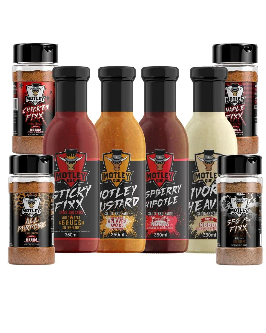 Motley Que BBQ starter set with spice rubs and barbecue sauces assortment