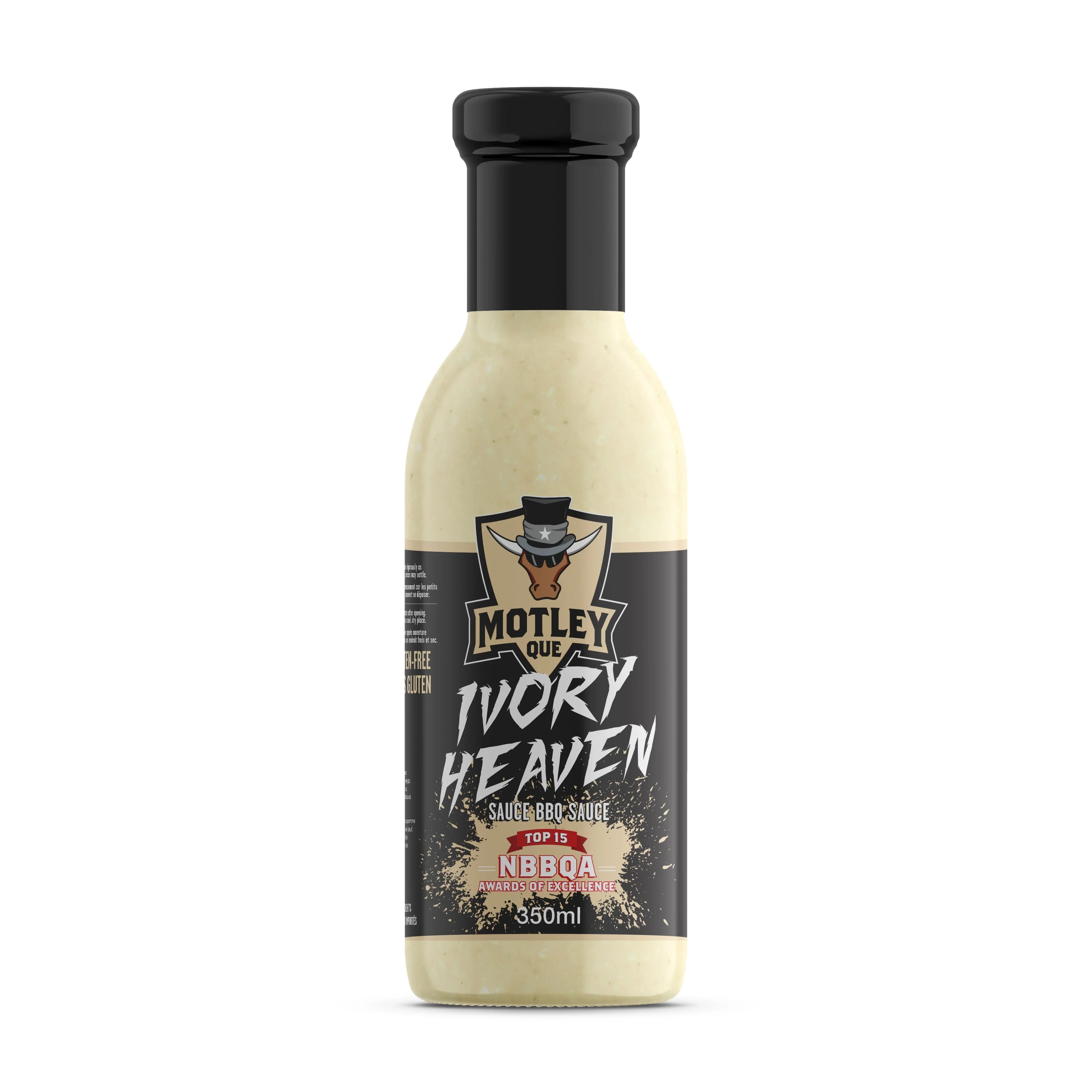 Motley Que Ivory Heaven BBQ sauce bottle 350ml with black label on white background