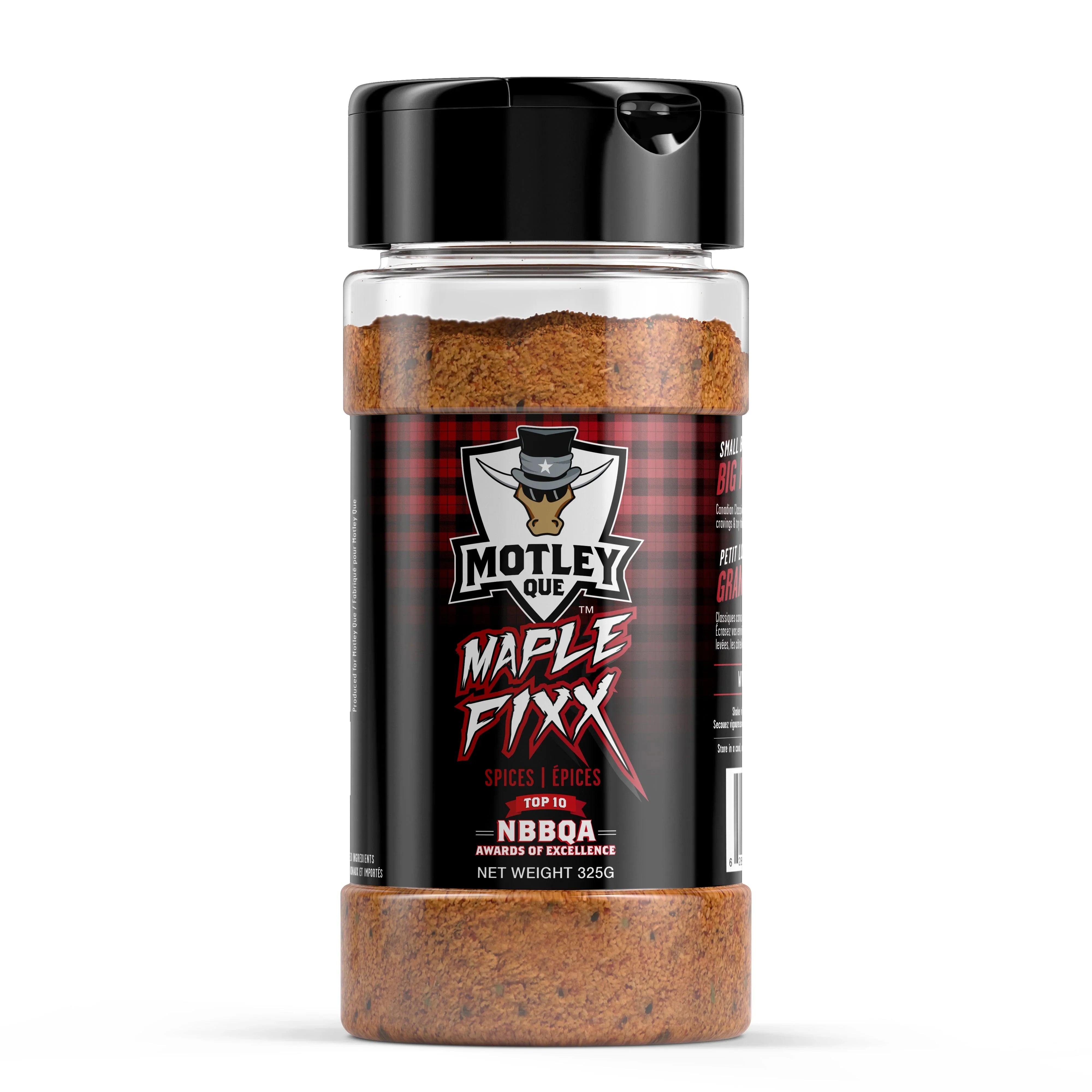 Motley Que Maple Fixx spices bottle with black lid and plaid label, 325g seasoning blend