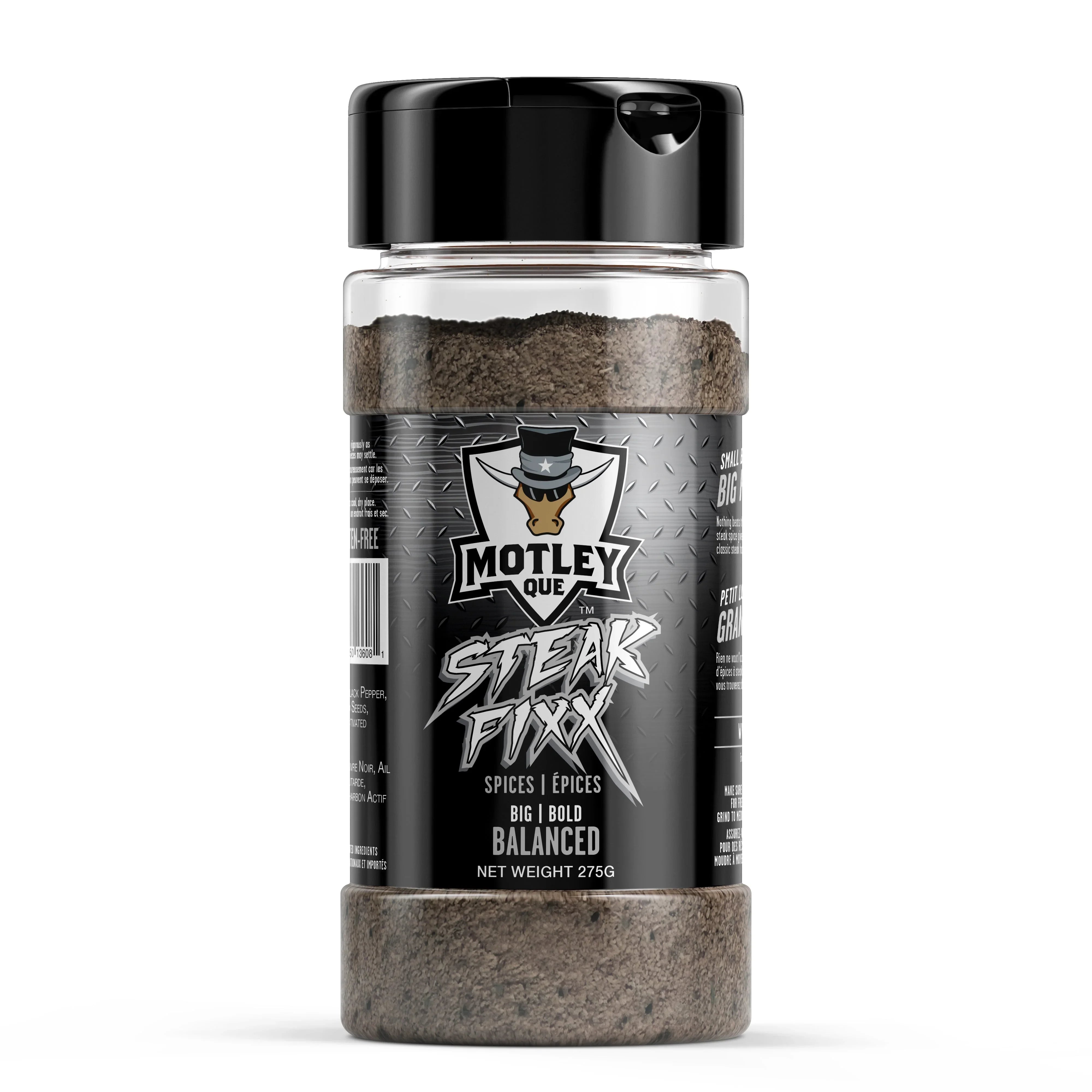 Motley Que Steak Fixx spices seasoning jar, black label, 275g, steak rub.