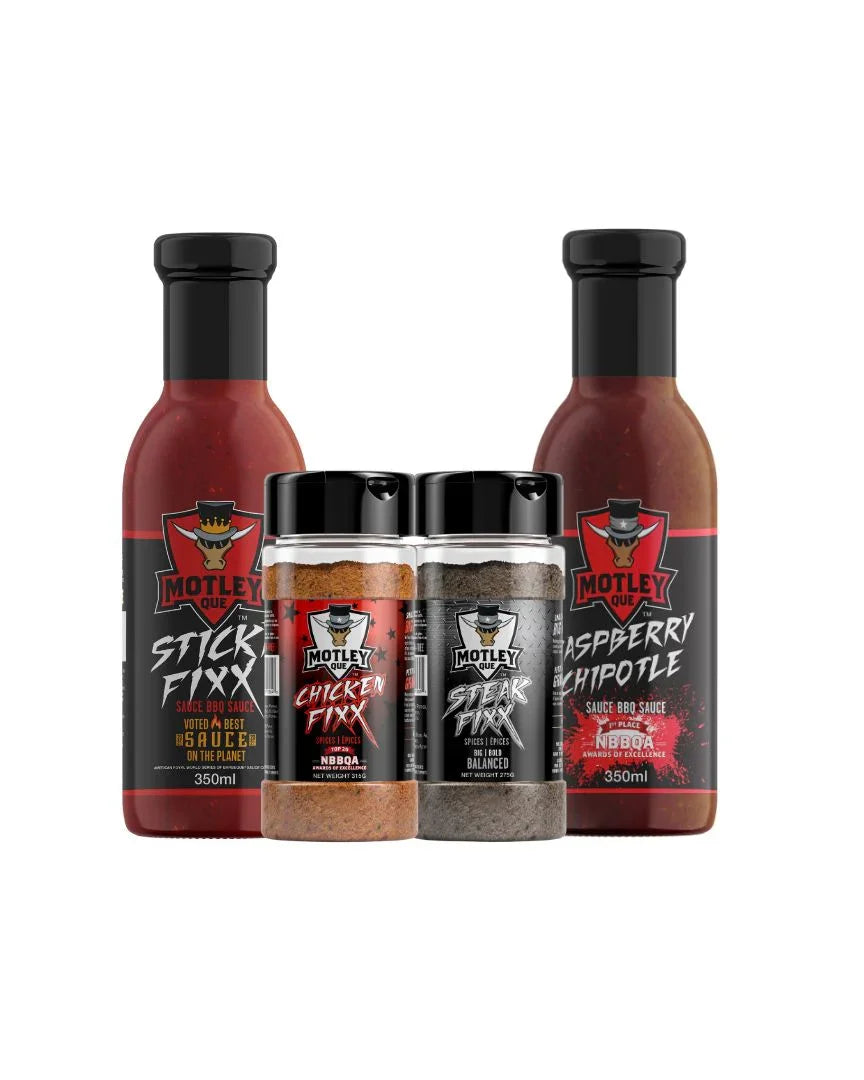 Motley Que BBQ sauce and seasoning set, includes two bottles and two spice jars on white background