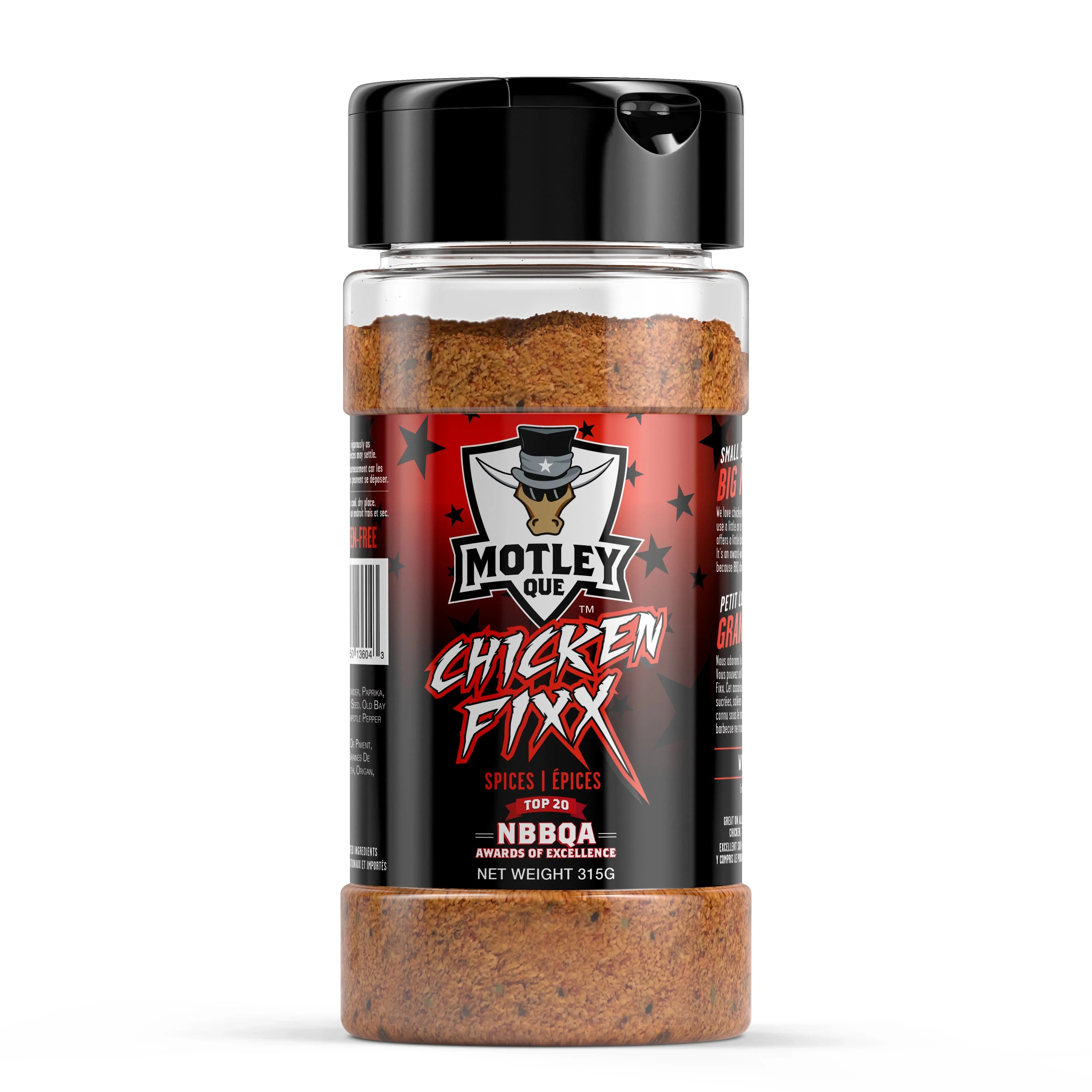 Motley Que Chicken Fixx spices seasoning jar with black lid and bold red label