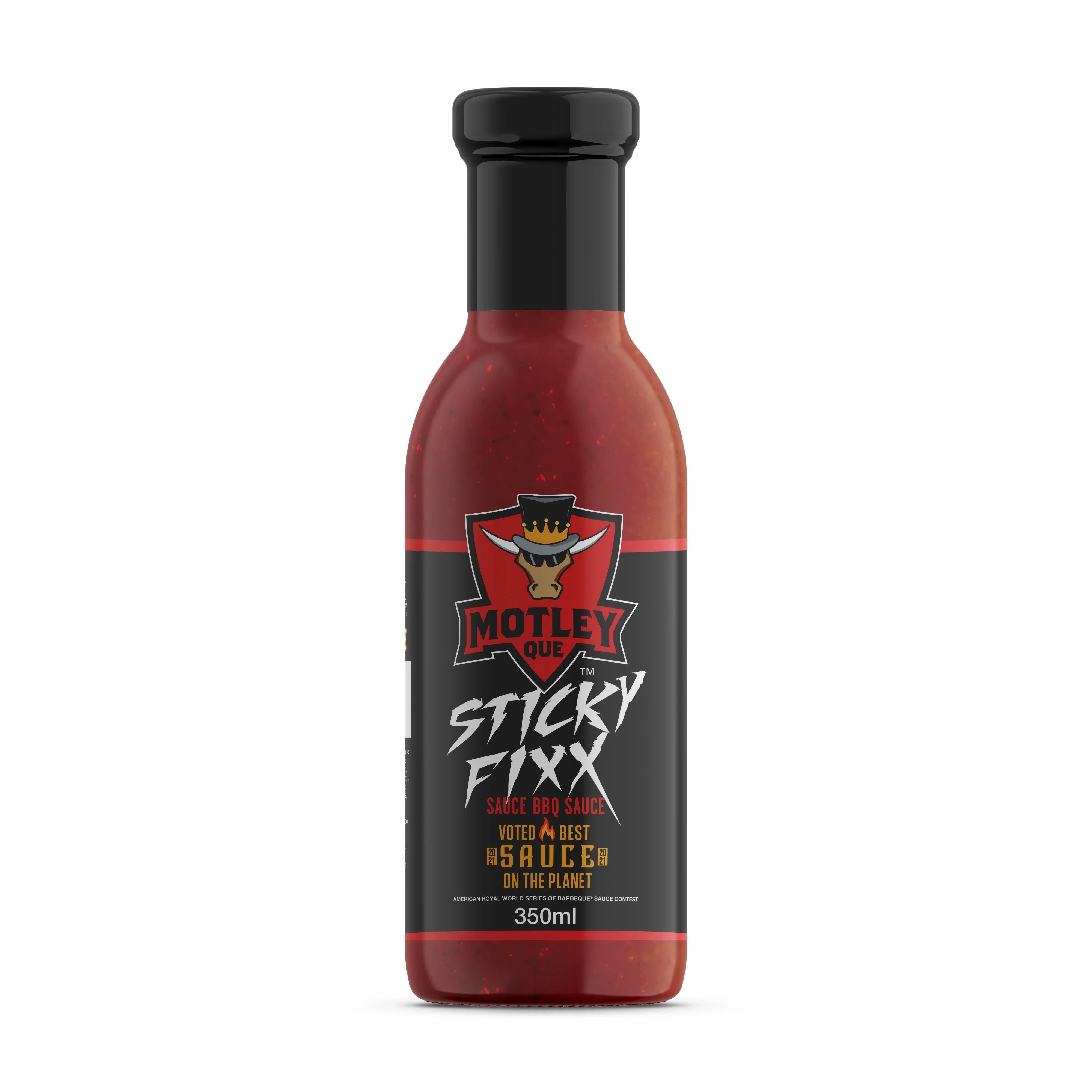 Motley Que Sticky Fixx BBQ sauce bottle with black label and red sauce, 350ml
