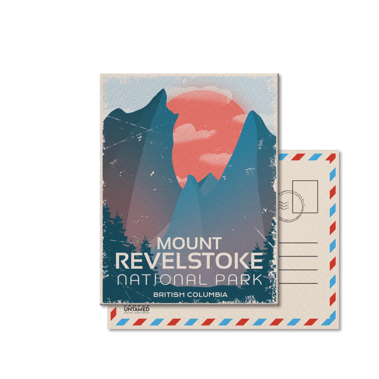 Mount Revelstoke National Park postcard with stylized mountains, sunset, and British Columbia text