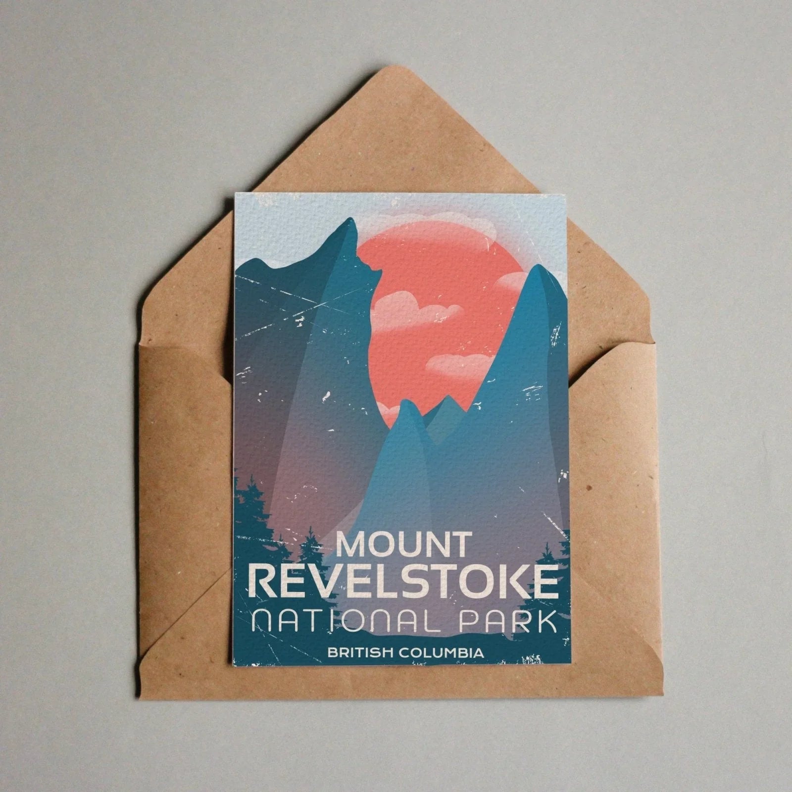 Mount Revelstoke National Park postcard with mountain illustration and brown envelope