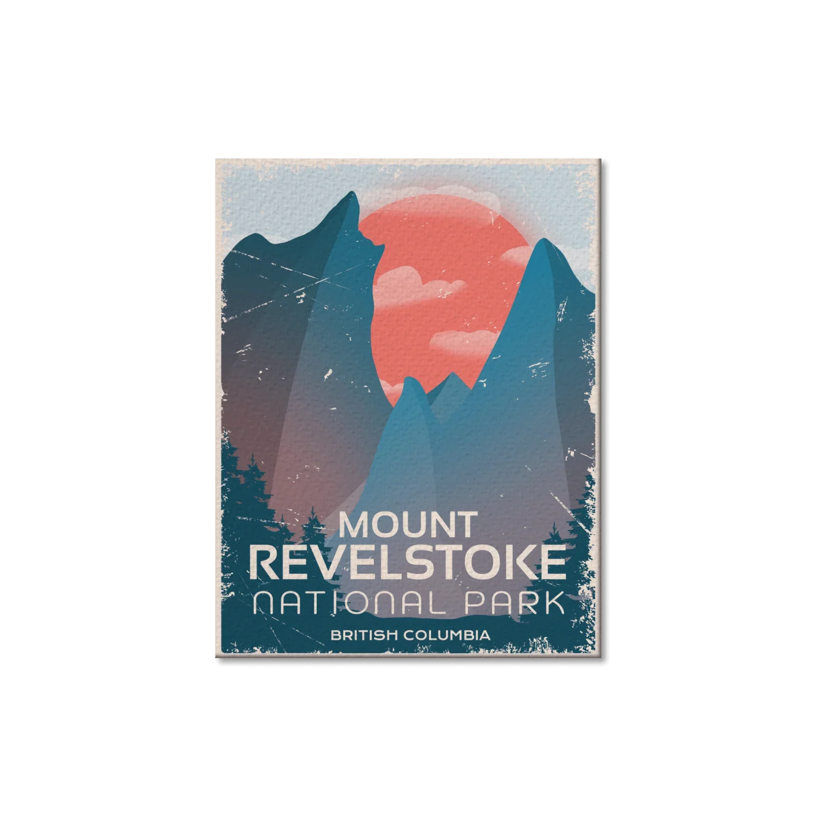 Mount Revelstoke National Park postcard with blue mountains, red sun, and pine trees