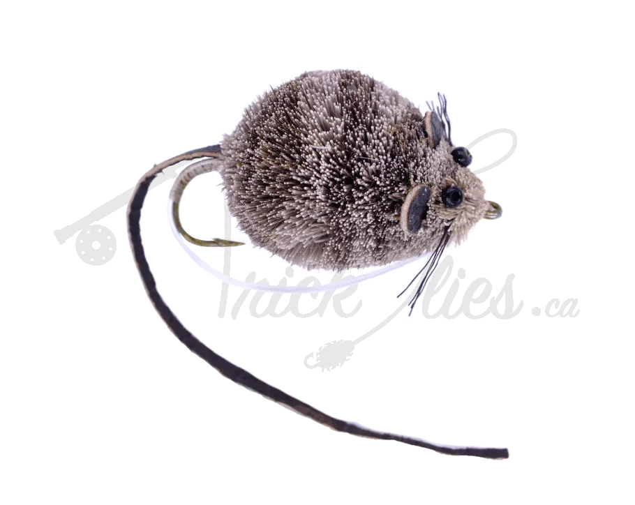 Realistic brown mouse cat toy with textured fur and long tail on white background