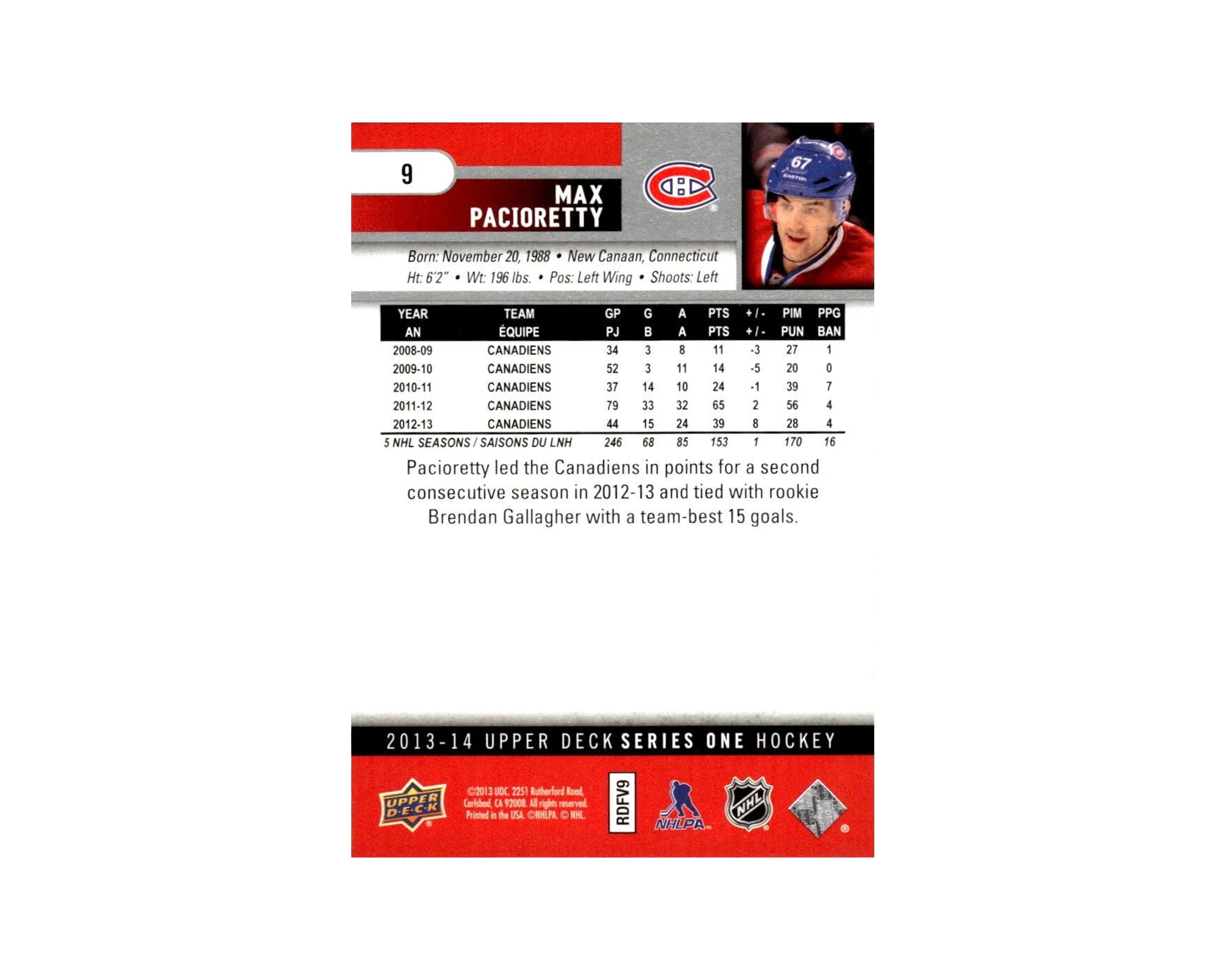 Max Pacioretty Autographed 2013-14 Upper Deck Series 1 #9 Hockey Card - Image 2