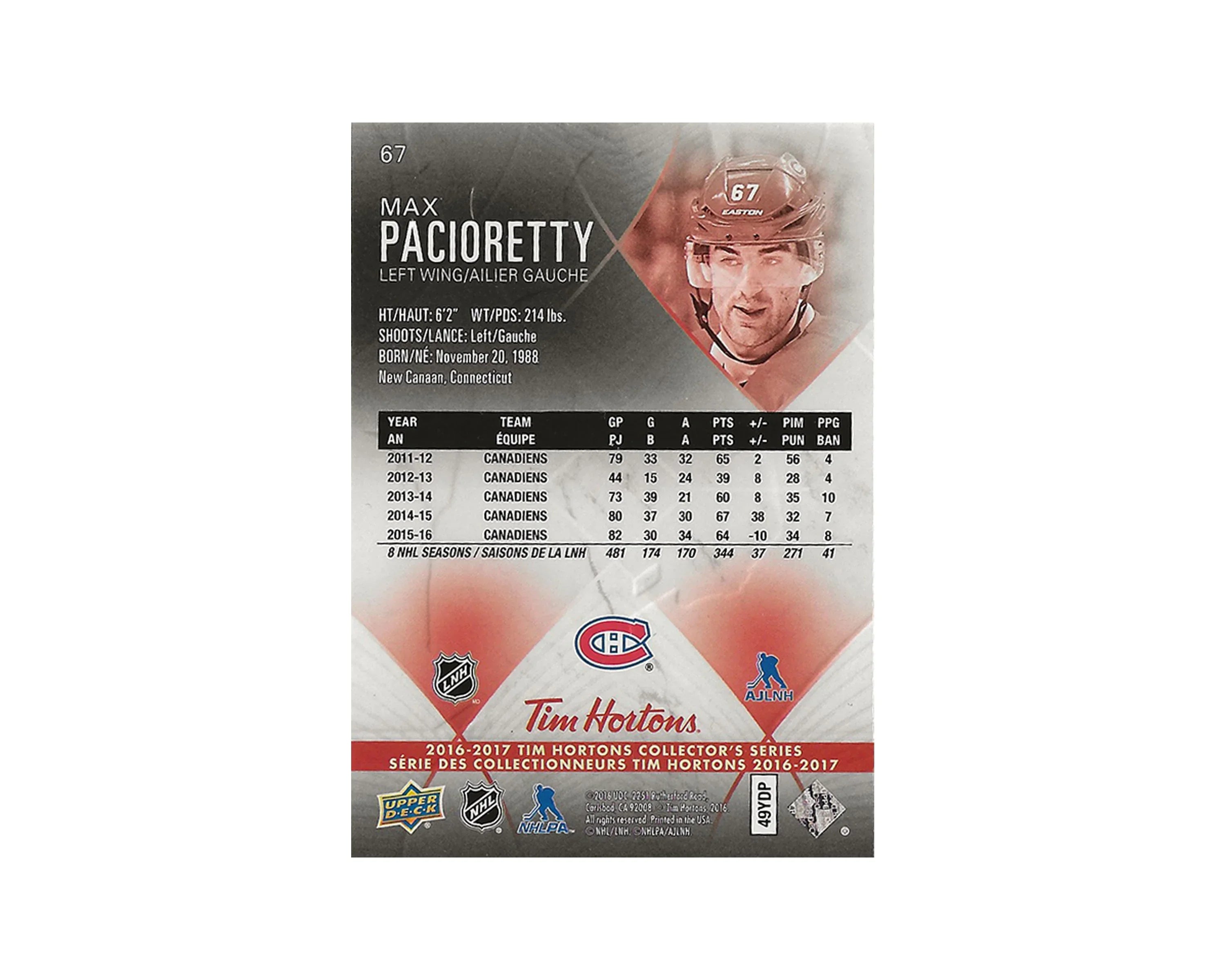 Max Pacioretty Autographed 2016-17 Upper Deck Tim Hortons #67 Hockey Card - Image 2