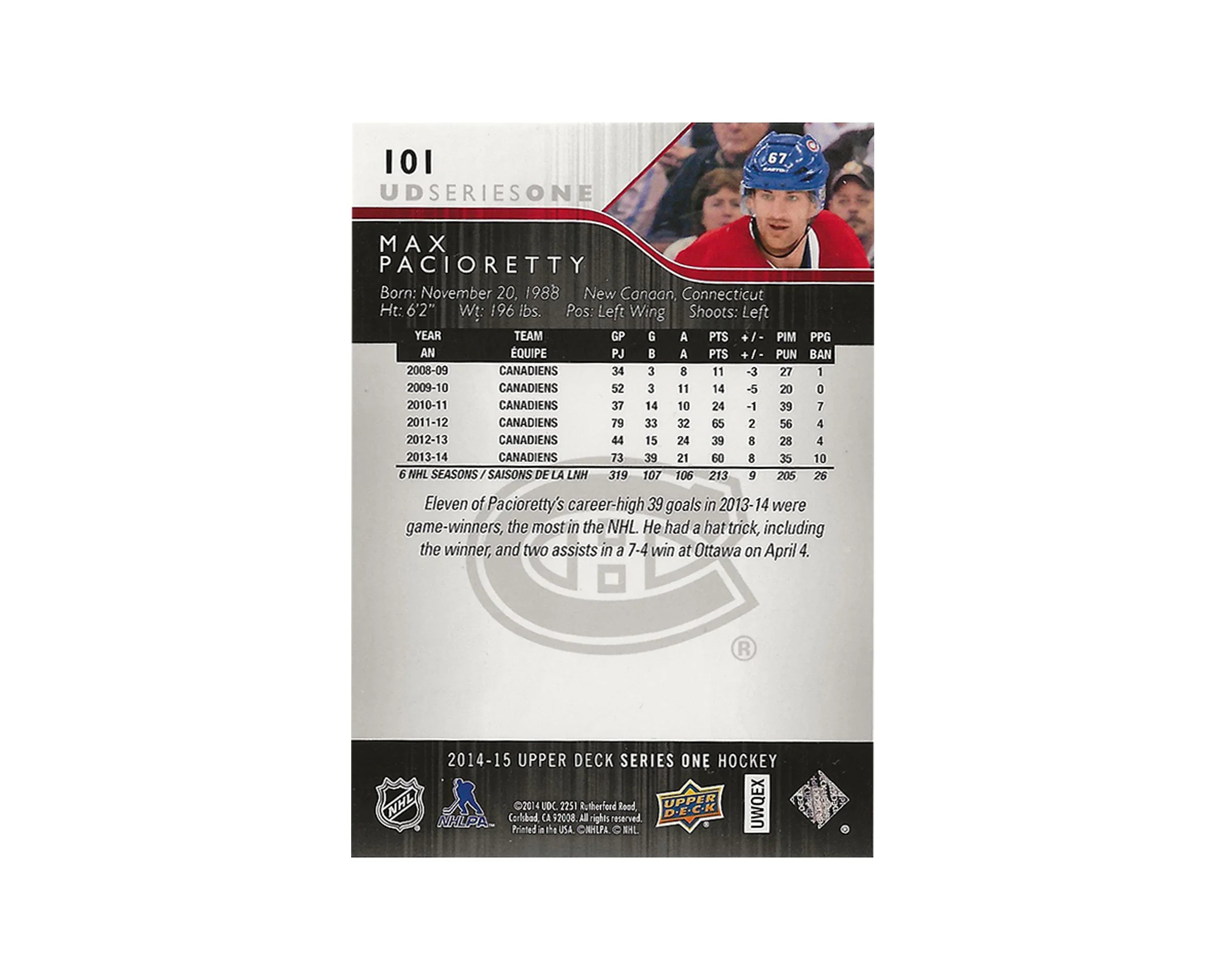 Max Pacioretty Autographed 2014-15 Upper Deck Series 1 #101 Hockey Card - Image 2