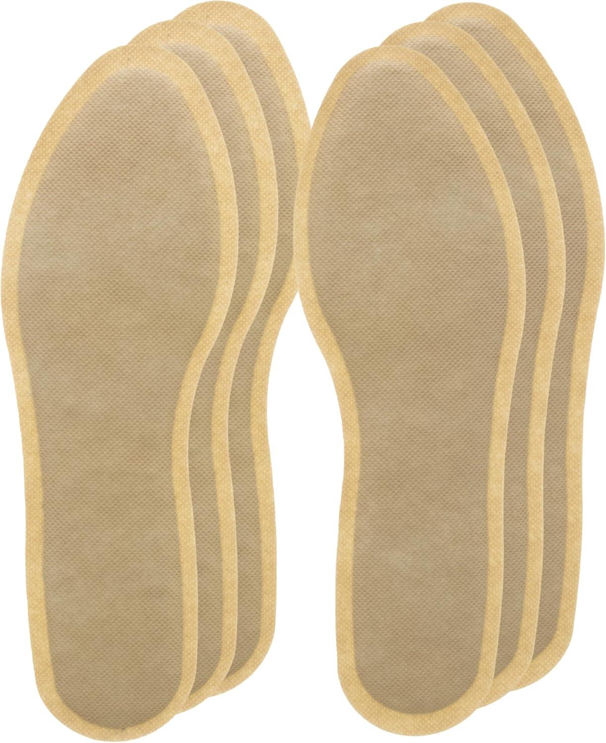 Brown disposable shoe insoles, six pairs, textured surface, stack display