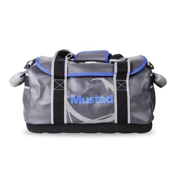 Mustad gray and blue fishing gear duffel bag with handles and durable fabric