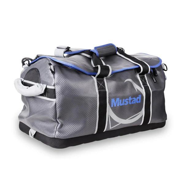 Gray Mustad duffel bag with blue trim and logo, durable fabric, side handles