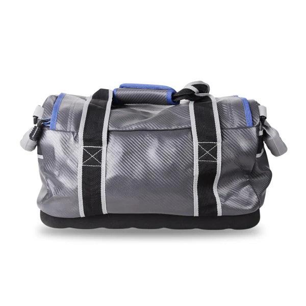 Durable gray and black duffel bag with blue accents and reinforced handles