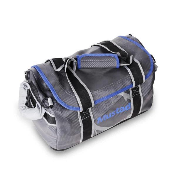 Gray Mustad duffel bag with black straps and blue trim on white background