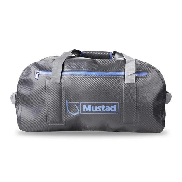 Gray Mustad duffel bag with blue zipper and logo, waterproof gear storage bag