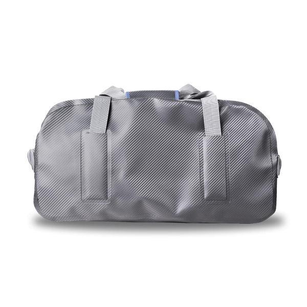 Gray duffle bag with dual handles on white background, gym travel bag