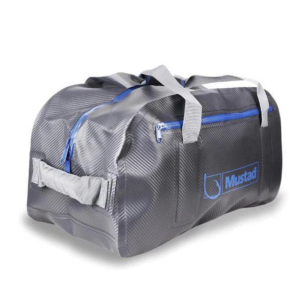 Mustad gray waterproof duffel bag with blue zippers and logo, durable gear bag