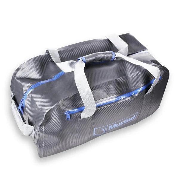 Mustad gray waterproof duffel bag with blue zippers and white handles on white background