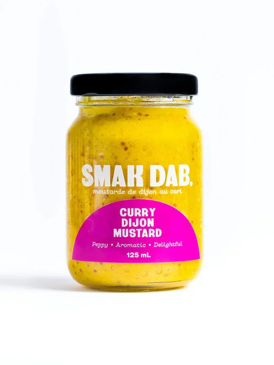 SMÄK DAB Curry Dijon Mustard jar with black lid and bright yellow mustard on white background