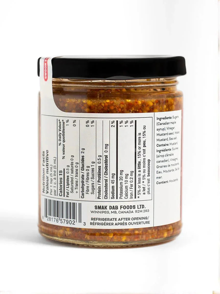 Smak Dab mustard jar with nutrition facts and ingredients label visible