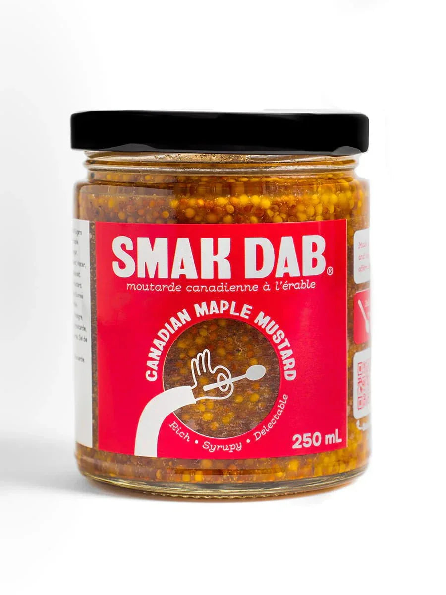 Smak Dab Canadian Maple Mustard jar with red label, 250mL, on white background.