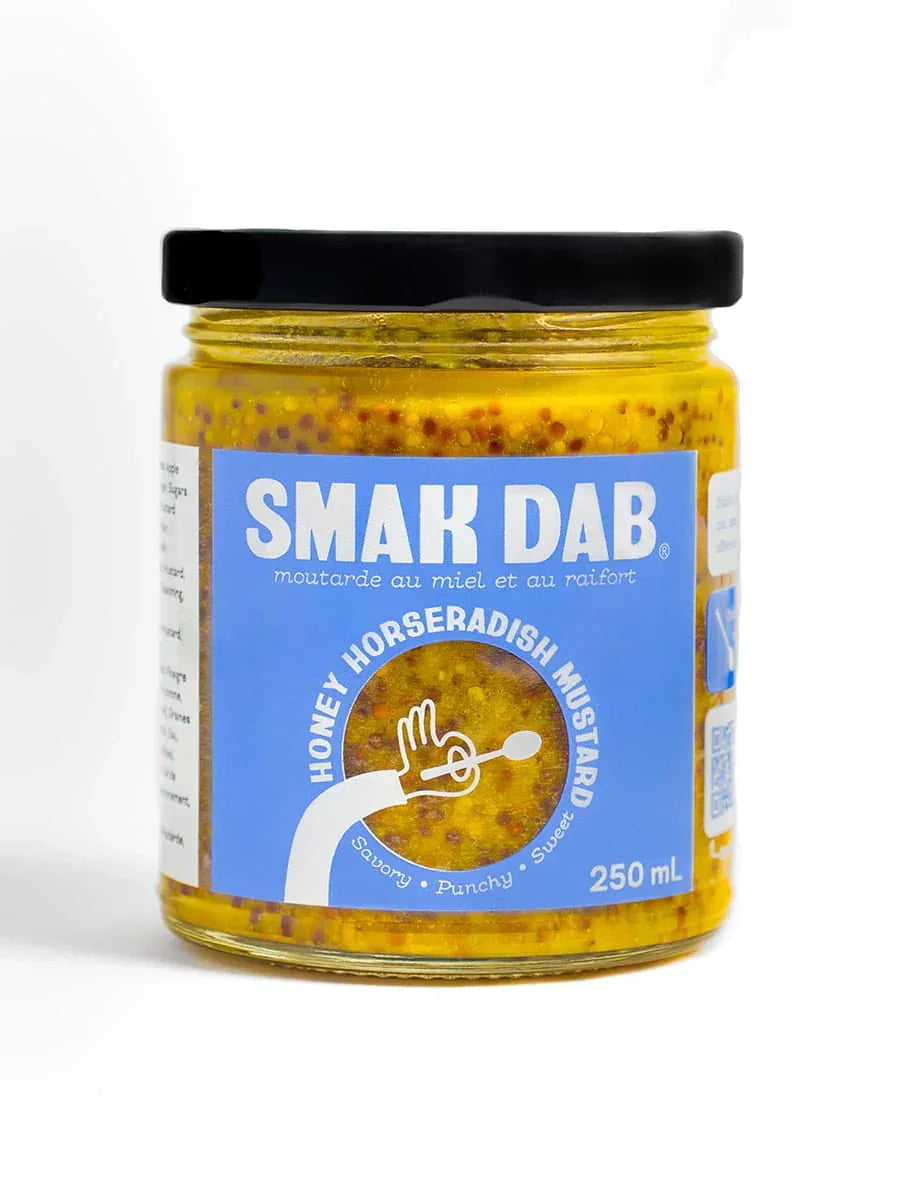 Smak Dab honey horseradish mustard jar with blue label, 250 mL, on white background