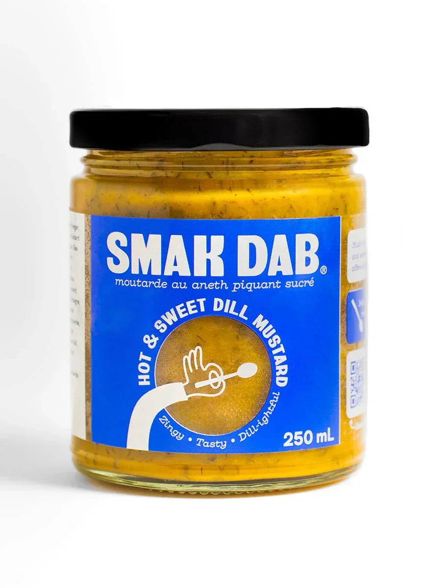Smak Dab hot and sweet dill mustard jar with blue label, 250 mL, on white background