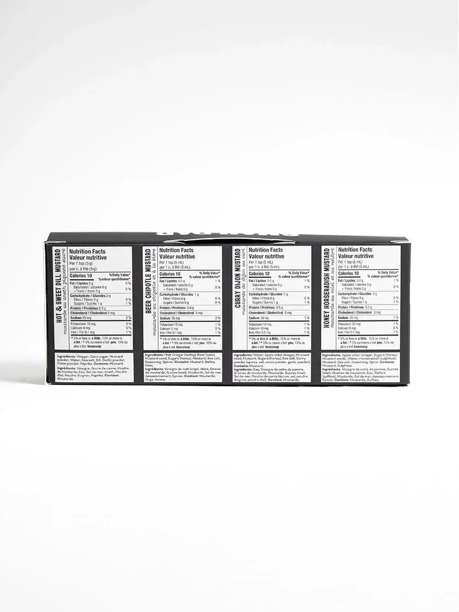 Back of Smak Dab mustard variety pack box showing nutrition facts and ingredients