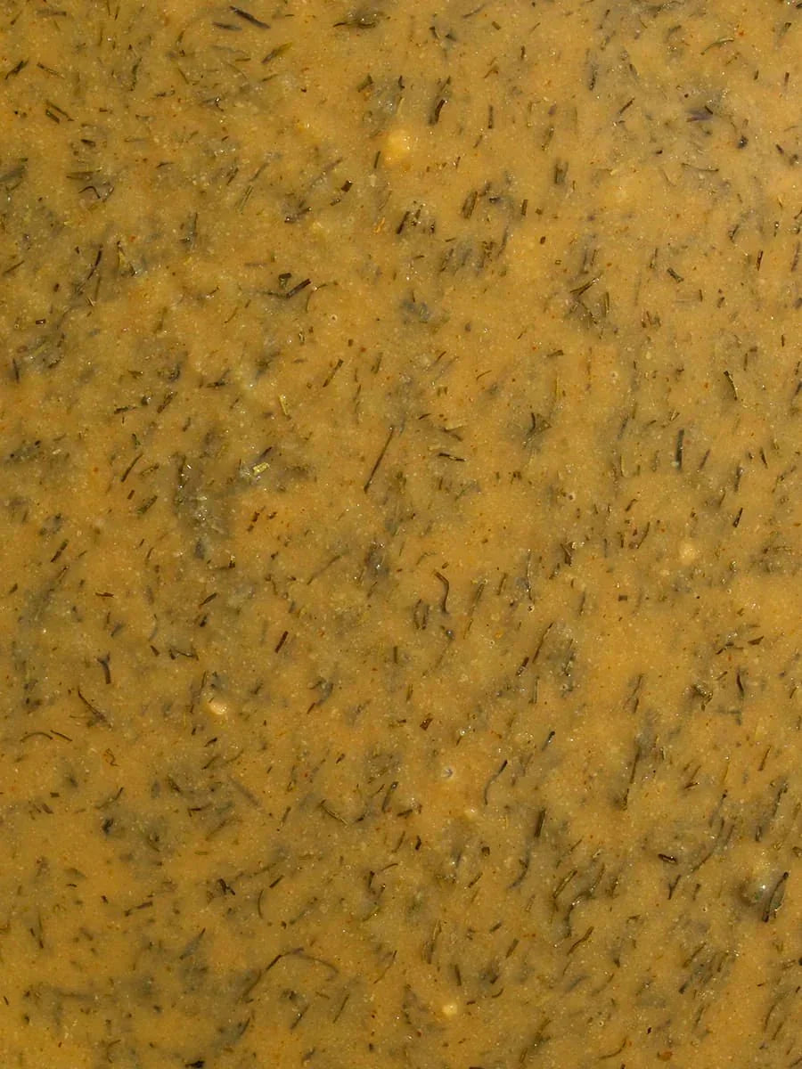 Close-up of grainy mustard with visible dill and spice flecks, yellow-brown texture.
