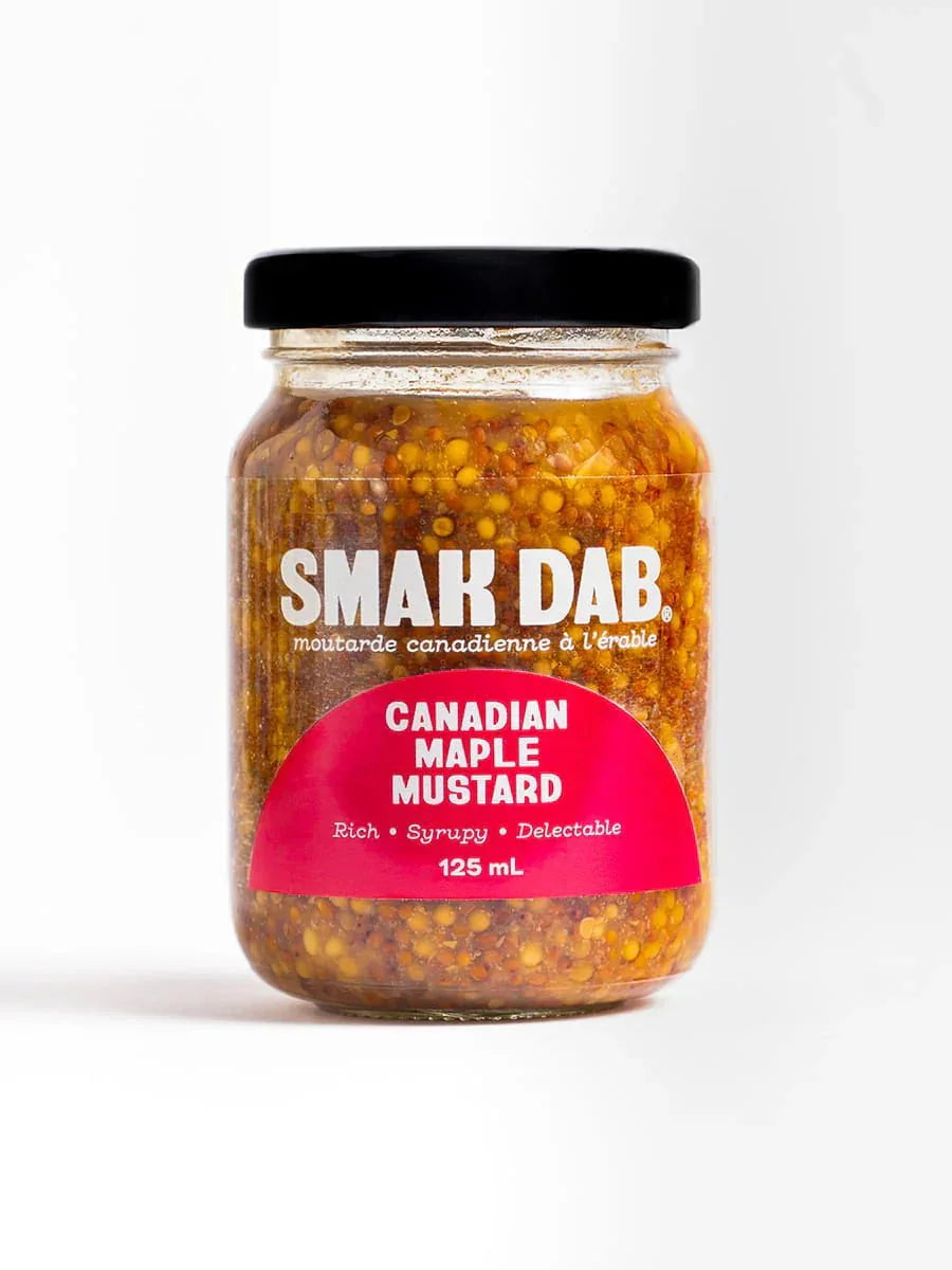 Smak Dab Canadian maple mustard jar 125 mL with visible mustard seeds on white background