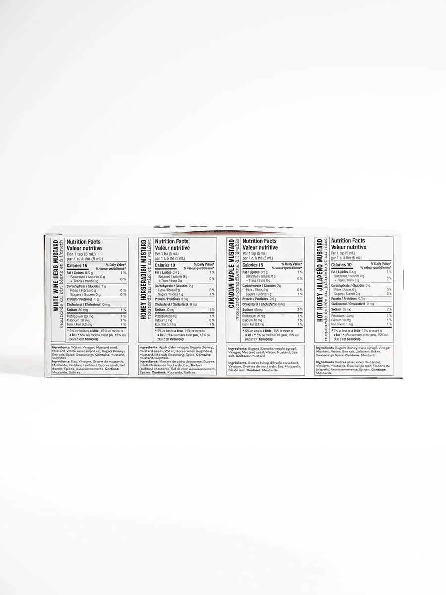 Back of mustard variety pack showing nutrition facts and ingredients on white background.