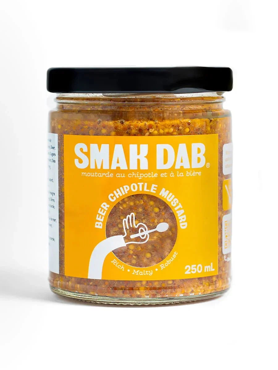 Smak Dab Beer Chipotle Mustard 250mL jar with yellow label and visible mustard seeds
