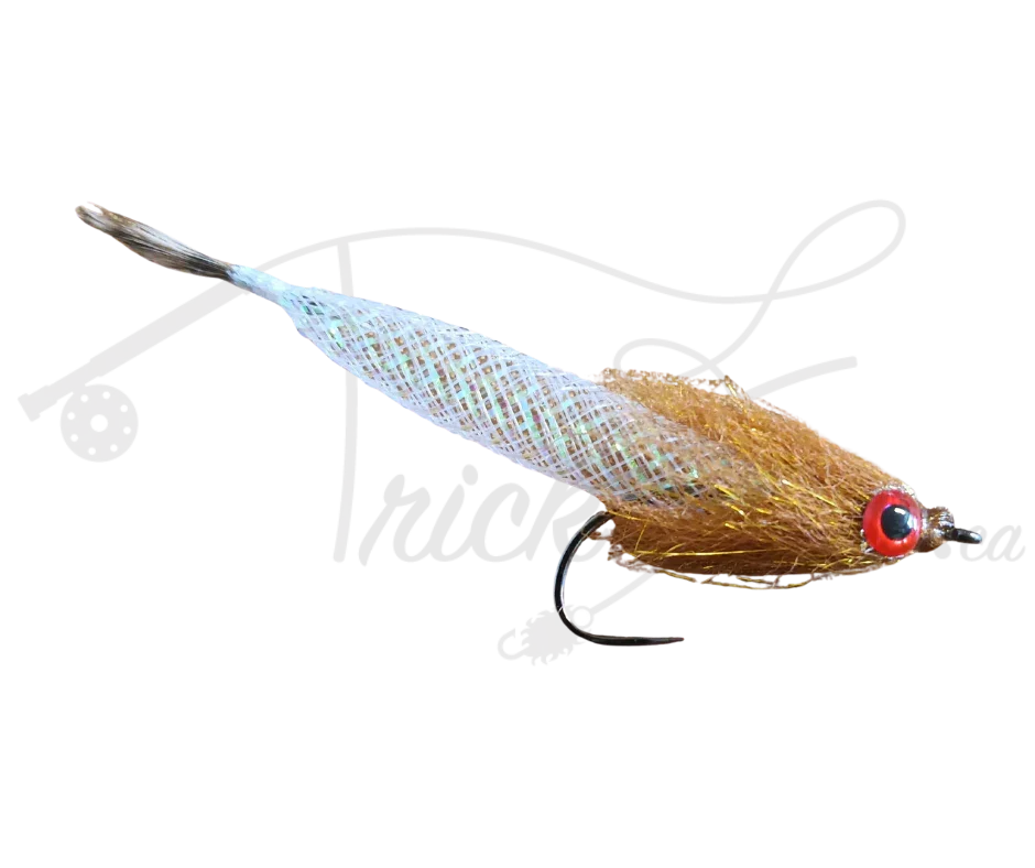 Brown Mylar Hair Minnow fly fishing lure with red eye and shimmering body.